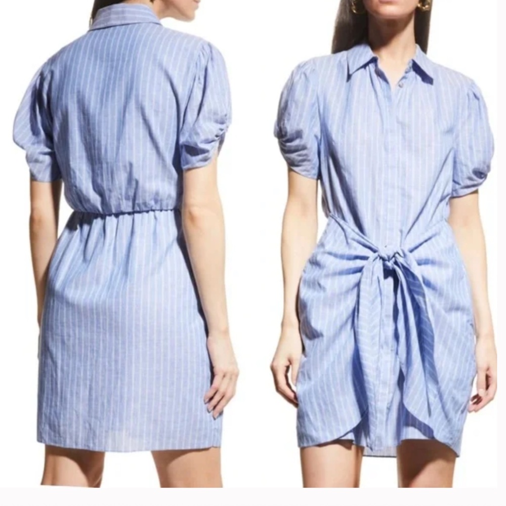 Cing a Sept Tira Linen Pinstripe Puffed Short Sleeve Self-Tie Waist Mini Dress 6 - Picture 8 of 9